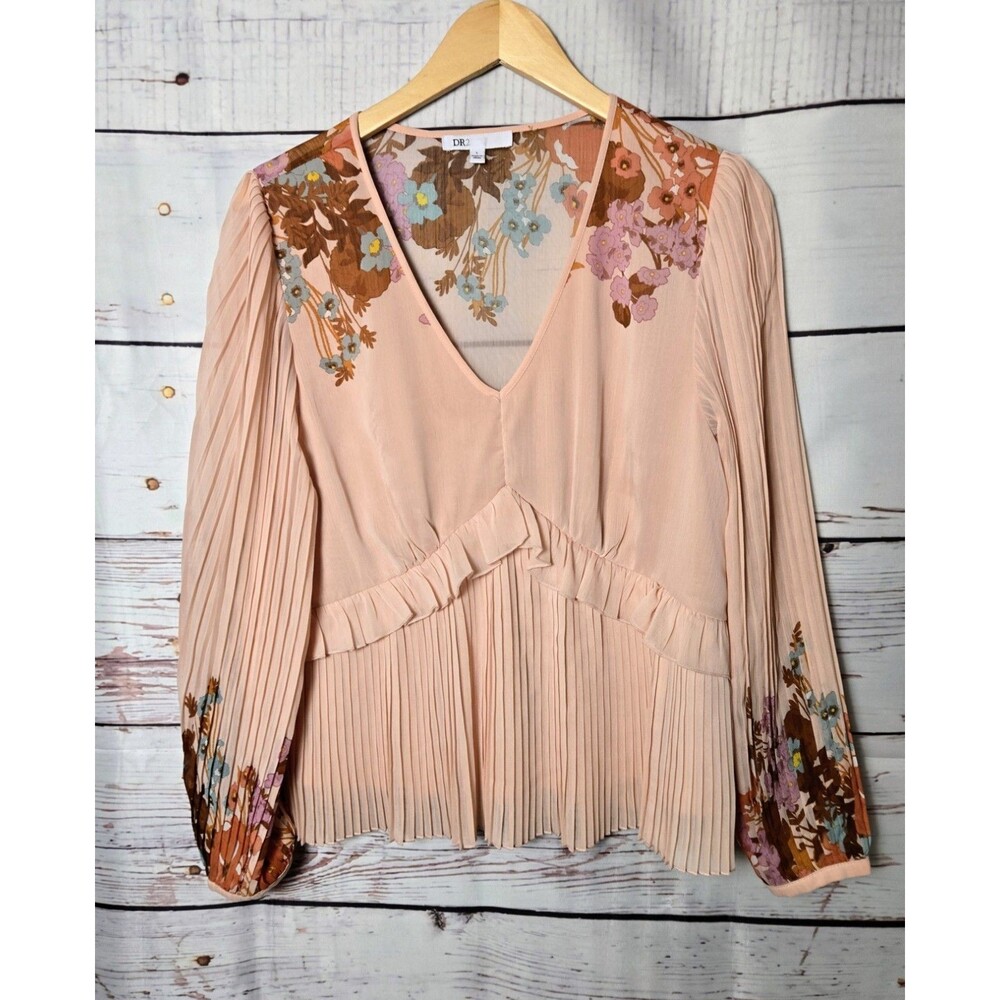 DR2 Daniel Rainn Womens Top Large Pink Floral Pleated Blouse Long Sleeve Boho